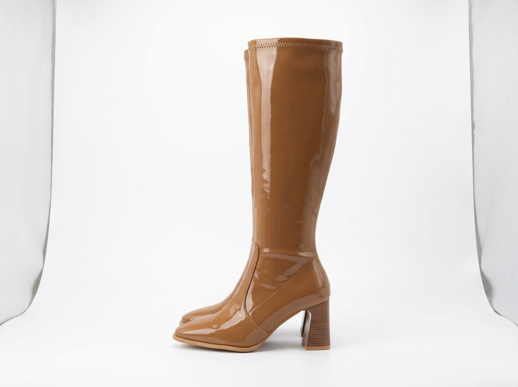 Botte haute camel Synthétique Femme - Verni, talon carré