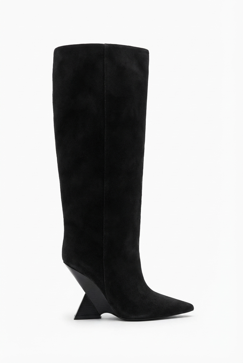 Botte haute noir Daim Synthétique Femme - Talon géométrique, bout pointu