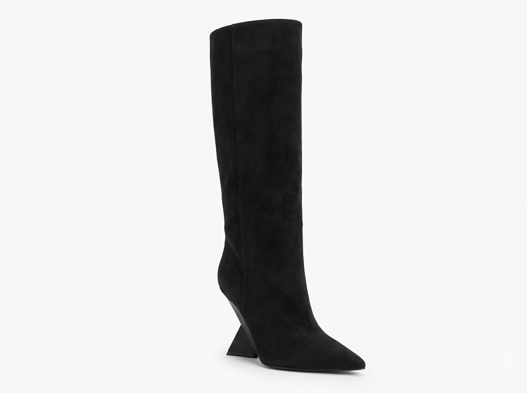 Botte haute noir Daim Synthétique Femme - Talon géométrique, bout pointu