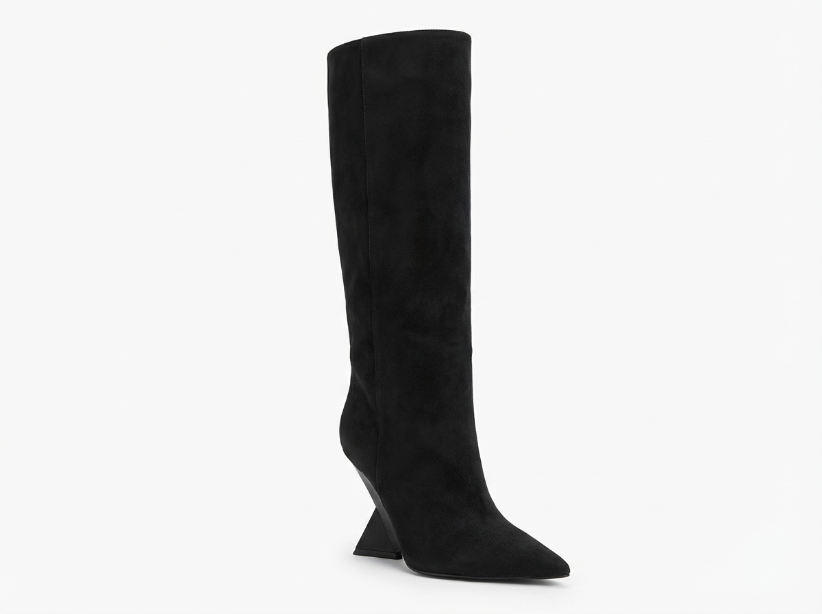 Botte haute noir Daim Synthétique Femme - Talon géométrique, bout pointu