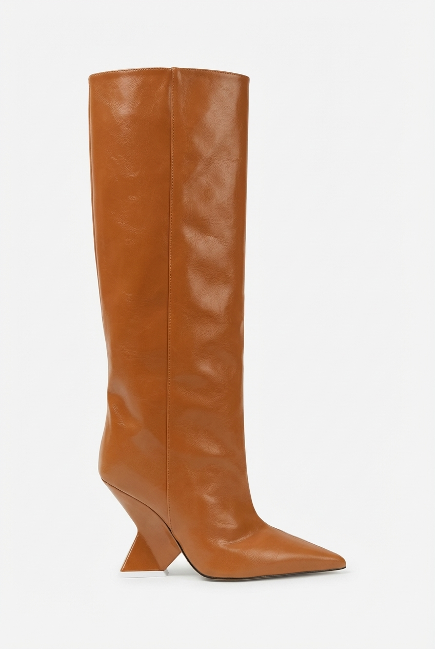 Botte haute camel Synthétique Femme - Bout pointu, talon géométrique