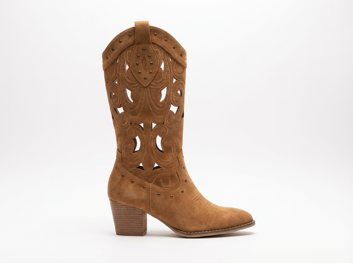 Santiag haute camel Daim Synthétique Femme - Motifs découpés, accents métalliques