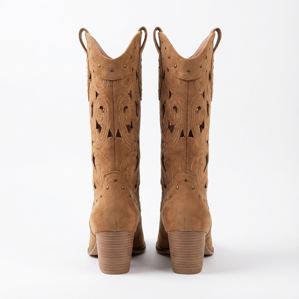 Santiag haute camel Daim Synthétique Femme - Motifs découpés, accents métalliques