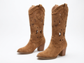 Santiag haute camel Daim Synthétique Femme - Motifs découpés, accents métalliques