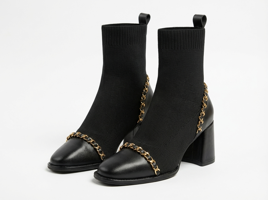 Bottine haute noir Synthétique Femme - Chaînes dorées, bout carré