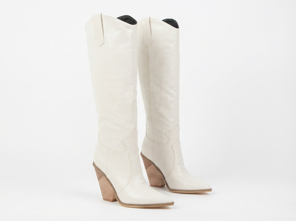 Santiag haute blanc Synthétique Femme - Talon compensé, motif python