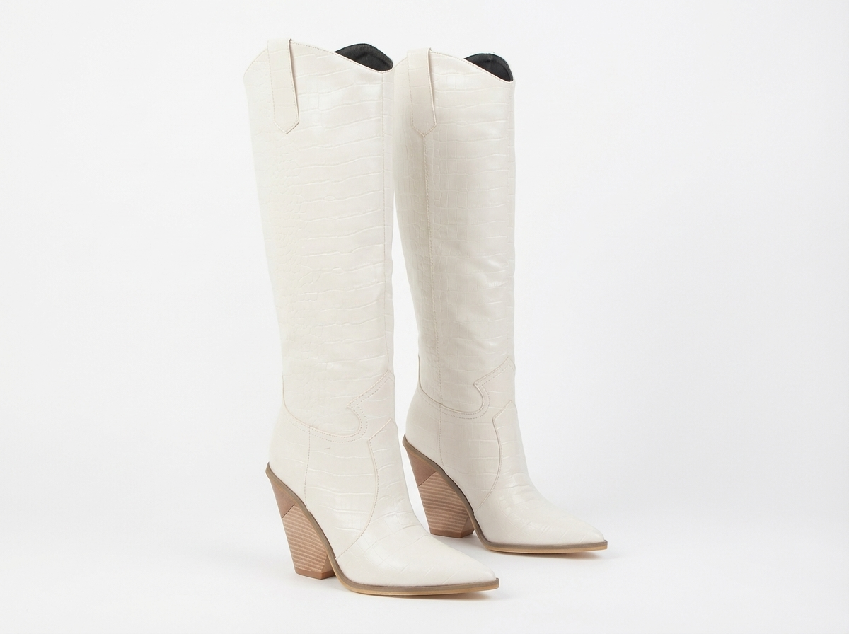 Santiag haute blanc Synthétique Femme - Talon compensé, motif python