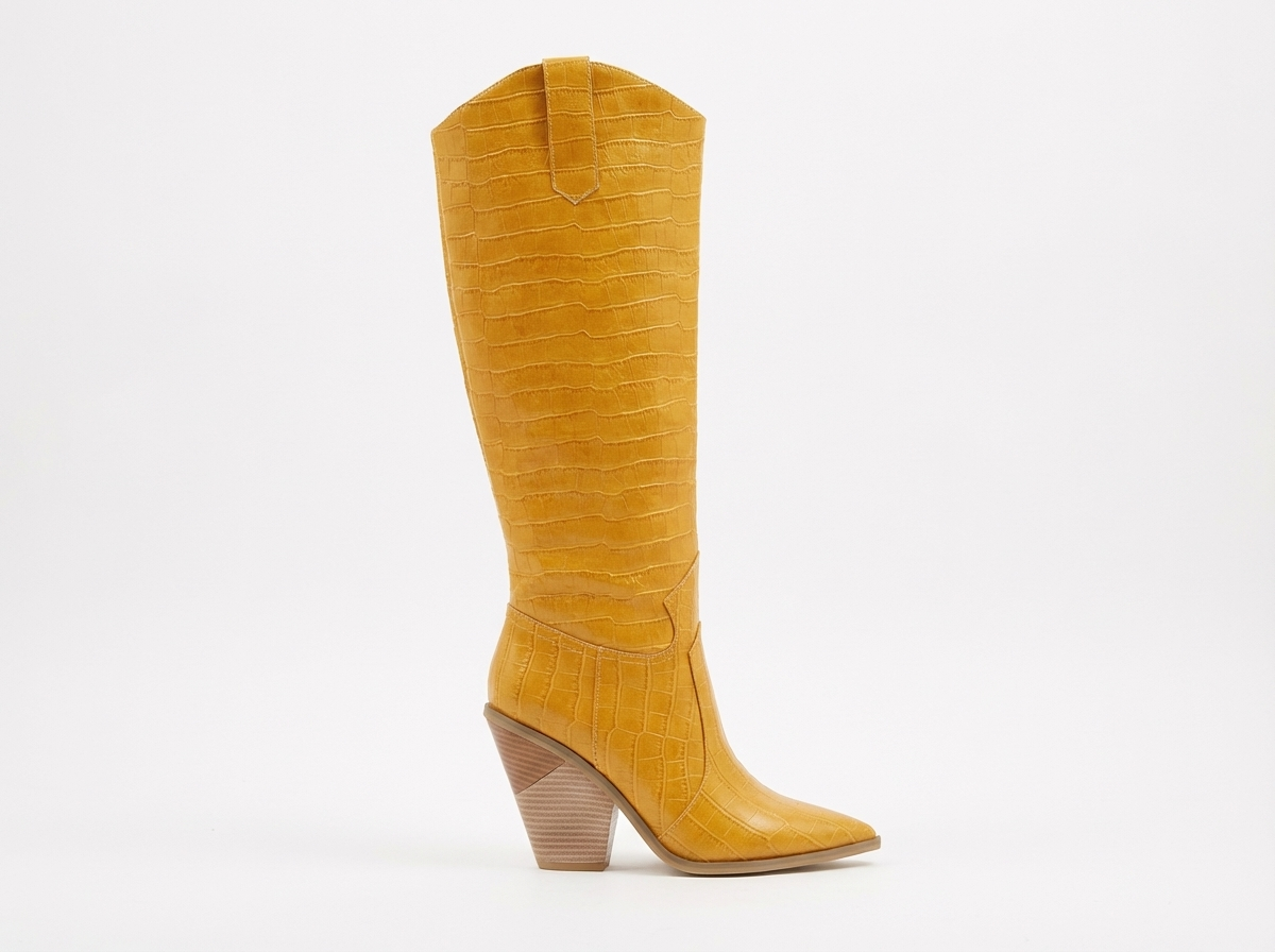 Santiag haute jaune Simili Cuir Femme - Motif crocodile, talon incliné