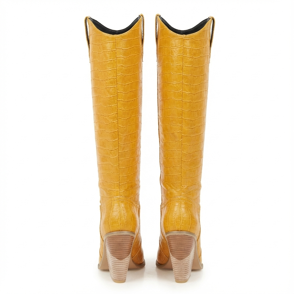 Santiag haute jaune Simili Cuir Femme - Motif crocodile, talon incliné