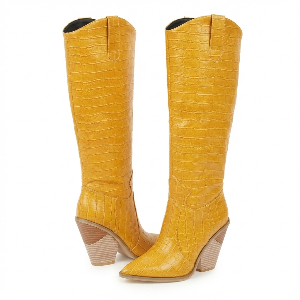 Santiag haute jaune Simili Cuir Femme - Motif crocodile, talon incliné