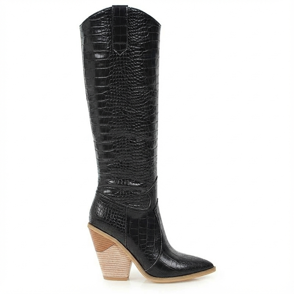 Santiag haute noir Synthétique Femme - Motif croco, talon clair