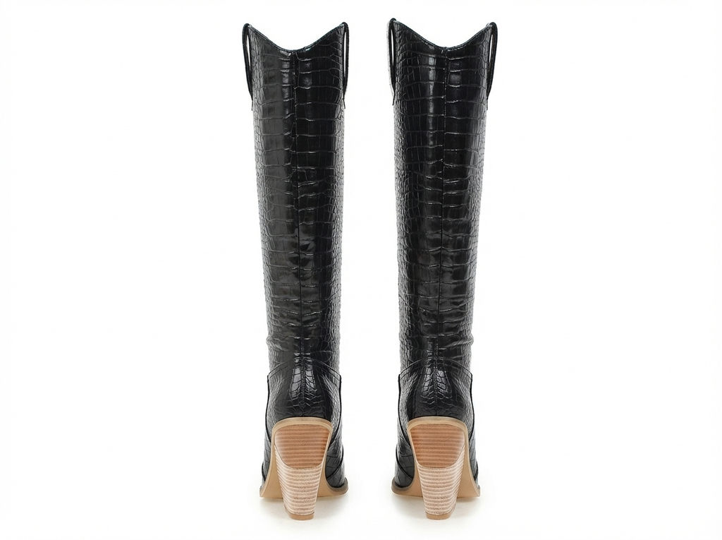 Santiag haute noir Synthétique Femme - Motif croco, talon clair