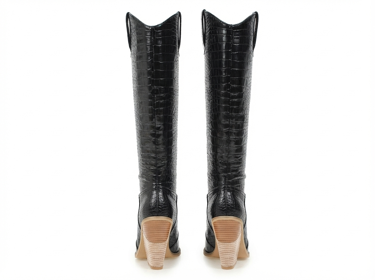 Santiag haute noir Synthétique Femme - Motif croco, talon clair