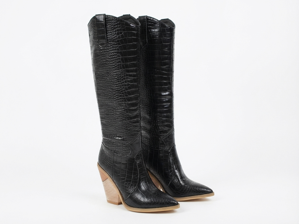 Santiag haute noir Synthétique Femme - Motif croco, talon clair