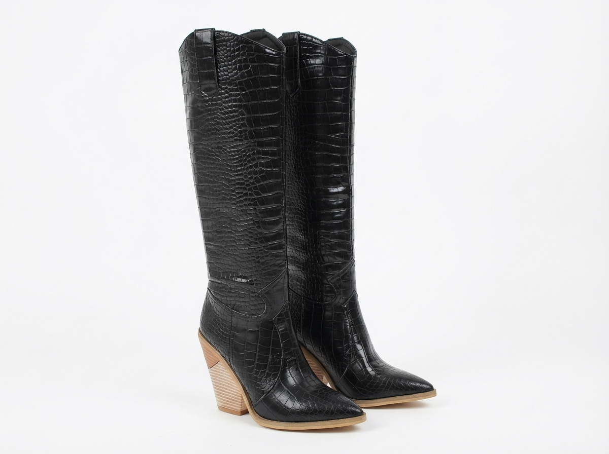 Santiag haute noir Synthétique Femme - Motif croco, talon clair