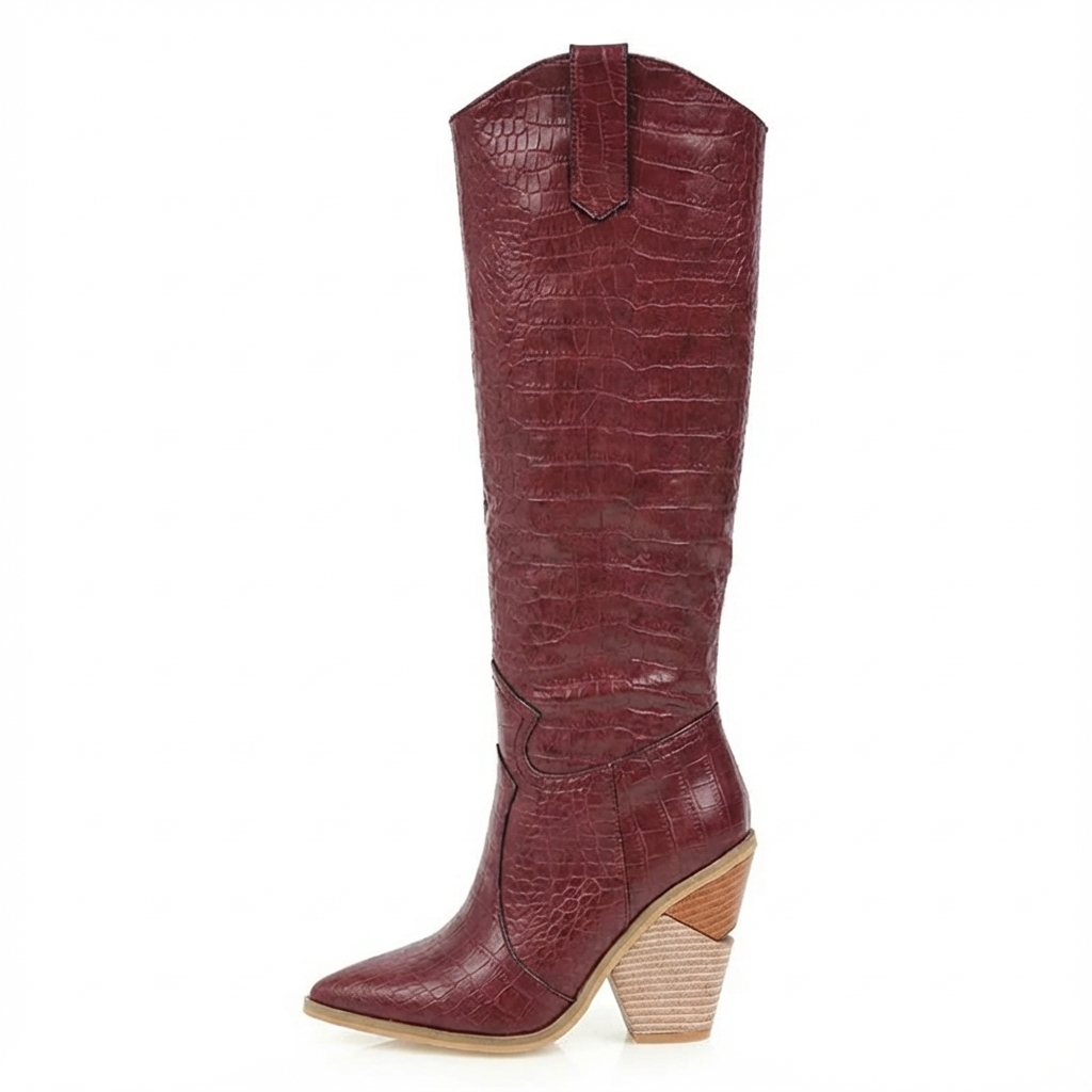 Santiag haute rouge Synthétique Femme - Effet crocodile, talon incliné