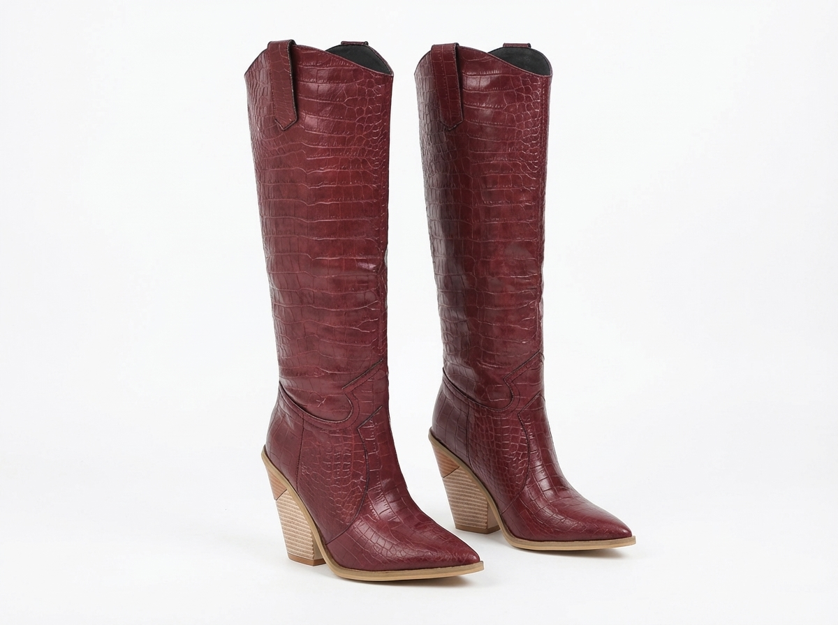 Santiag haute rouge Synthétique Femme - Effet crocodile, talon incliné
