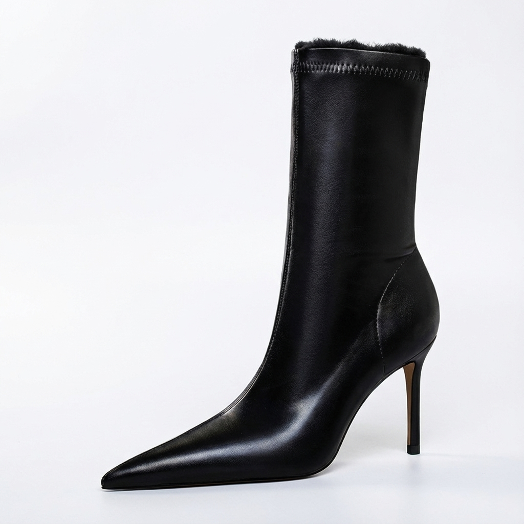 Bottine à talon noir Simili Cuir Femme - Motif fourrure