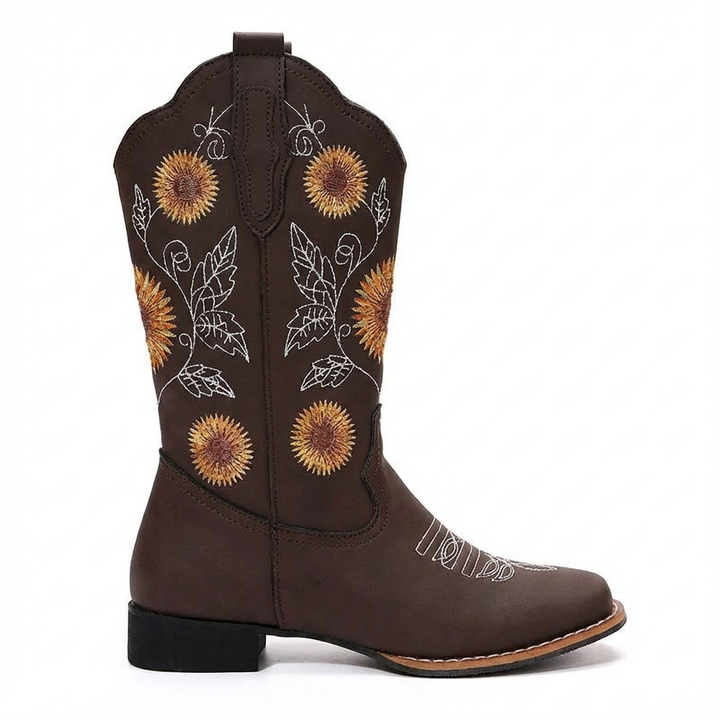 Santiag mi-haute marron Simili Cuir Femme - Broderies florales colorées