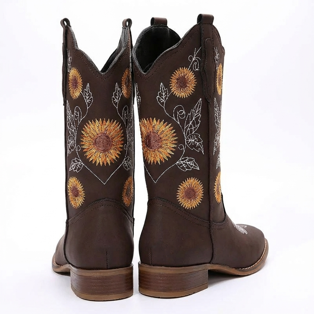 Santiag mi-haute marron Simili Cuir Femme - Broderies florales colorées