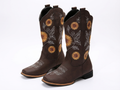 Santiag mi-haute marron Simili Cuir Femme - Broderies florales colorées