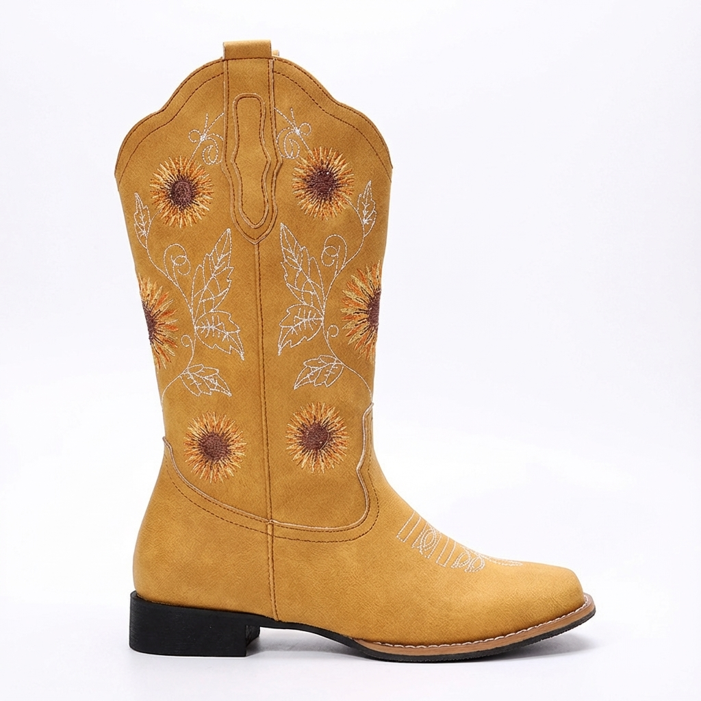 Santiag mi-haute jaune Simili Cuir Femme - Broderies florales