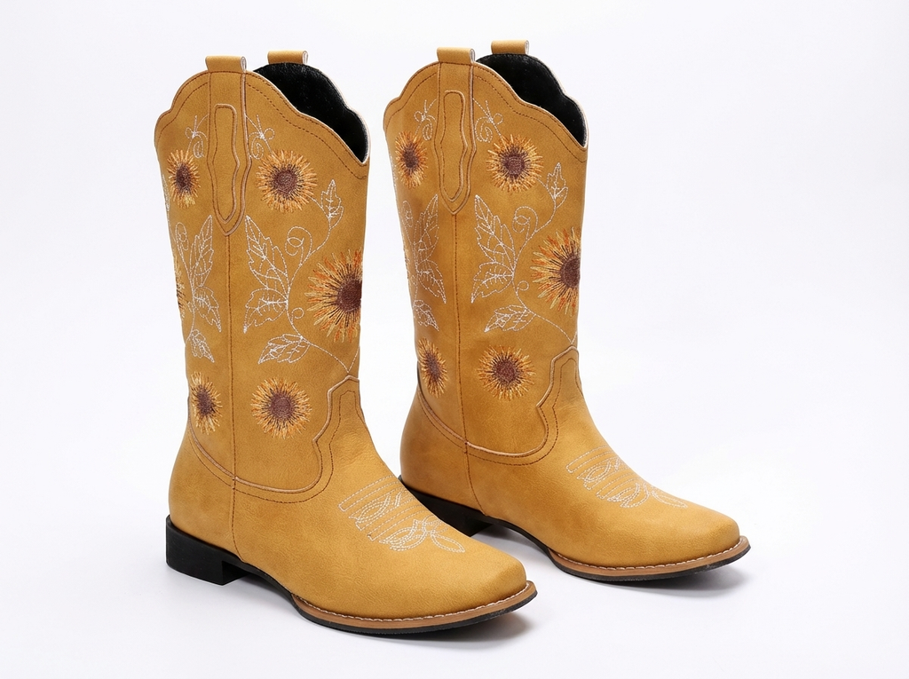 Santiag mi-haute jaune Simili Cuir Femme - Broderies florales
