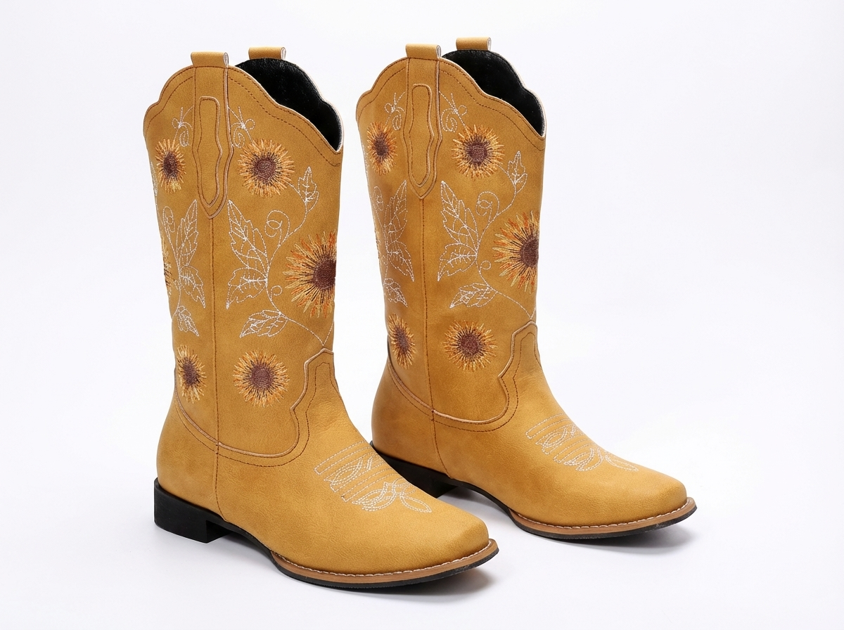Santiag mi-haute jaune Simili Cuir Femme - Broderies florales