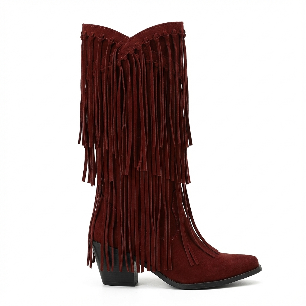 Santiag mi-haute marron foncé Simili Cuir Femme - Franges longues