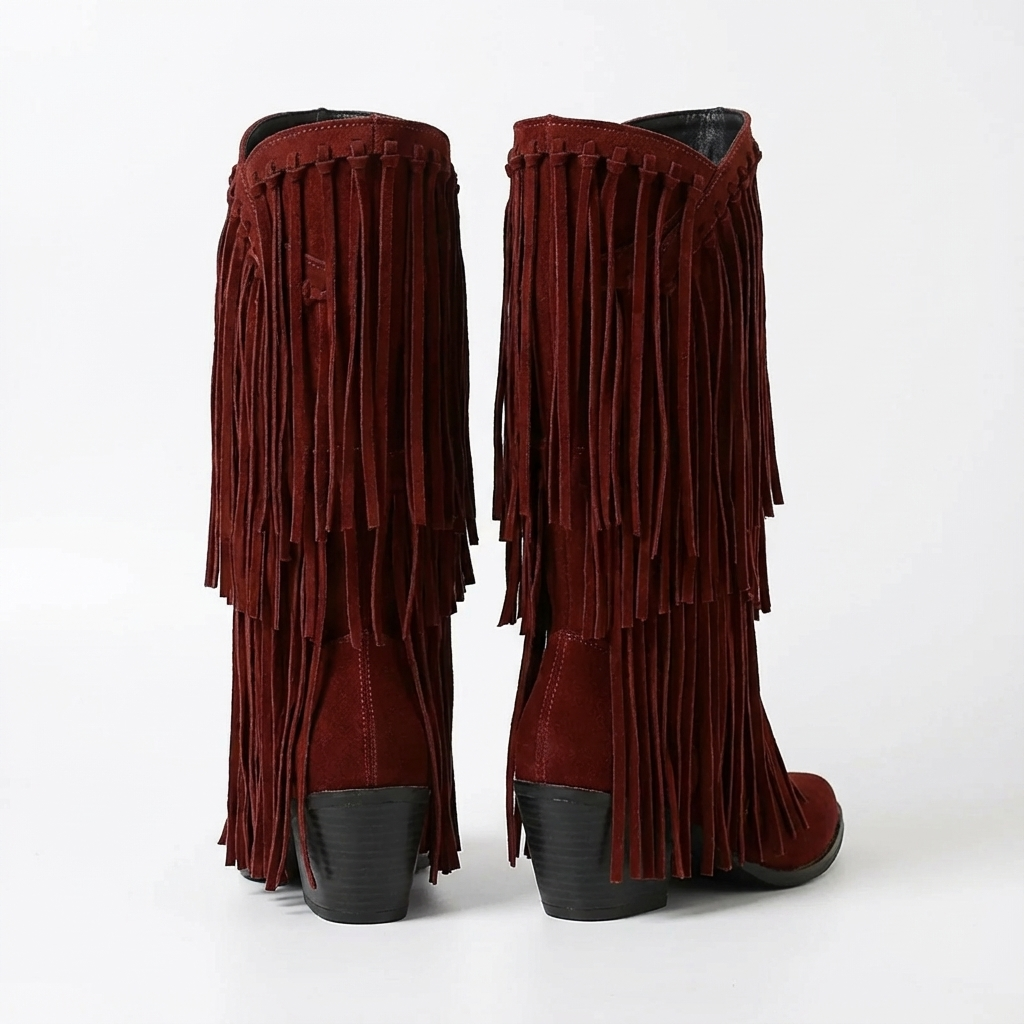 Santiag mi-haute marron foncé Simili Cuir Femme - Franges longues