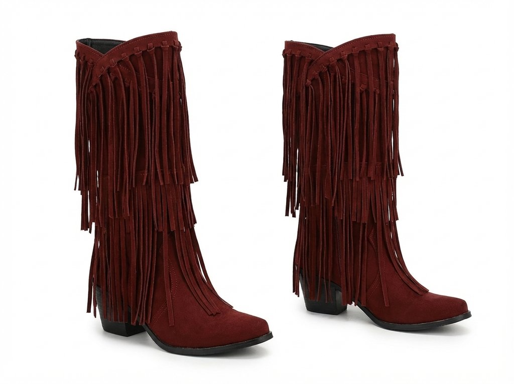 Santiag mi-haute marron foncé Simili Cuir Femme - Franges longues