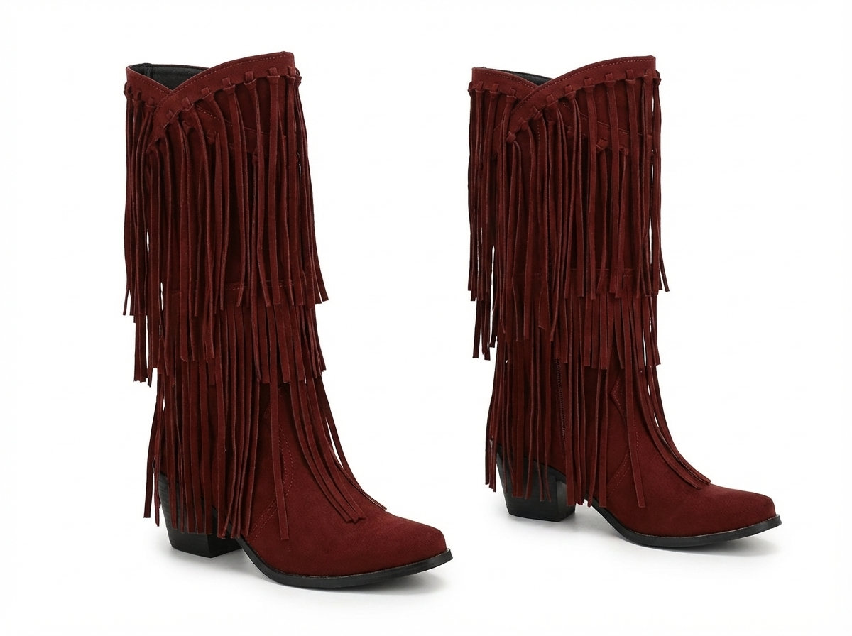 Santiag mi-haute marron foncé Simili Cuir Femme - Franges longues