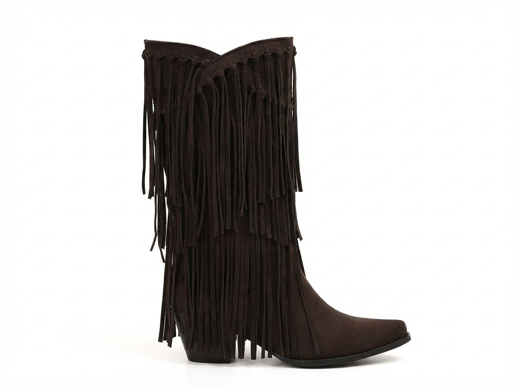 Santiag mi-haute marron foncé Simili Cuir Femme - Franges longues, style rétro
