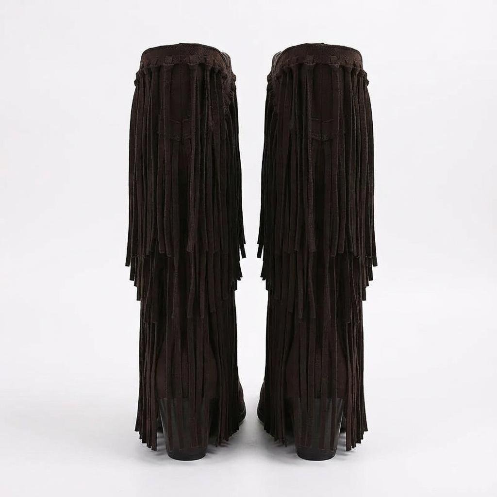 Santiag mi-haute marron foncé Simili Cuir Femme - Franges longues, style rétro