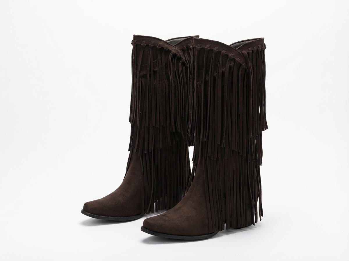 Santiag mi-haute marron foncé Simili Cuir Femme - Franges longues, style rétro