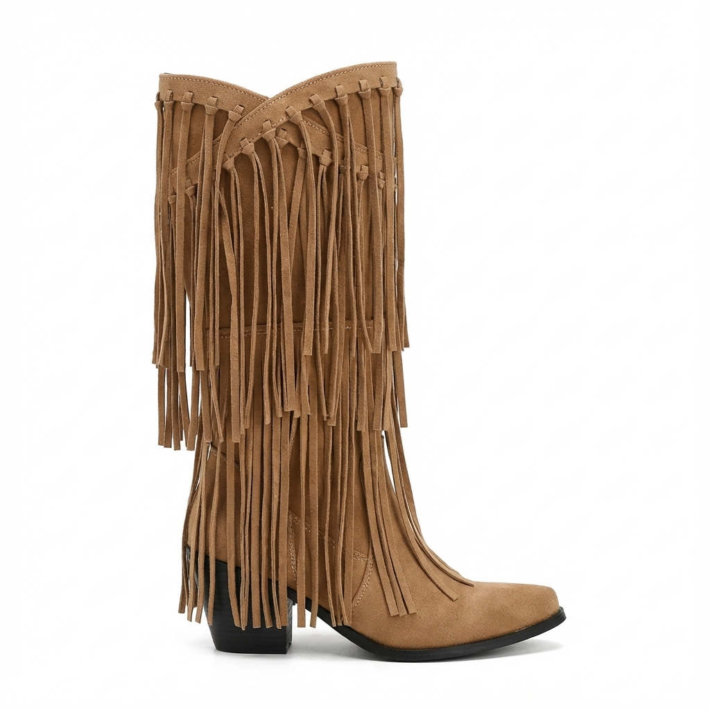 Santiag mi-haute camel Daim Synthétique Femme - Franges longues