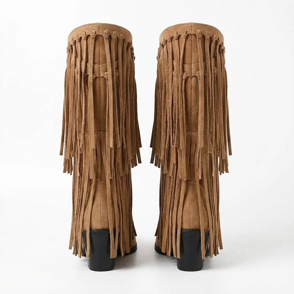 Santiag mi-haute camel Daim Synthétique Femme - Franges longues