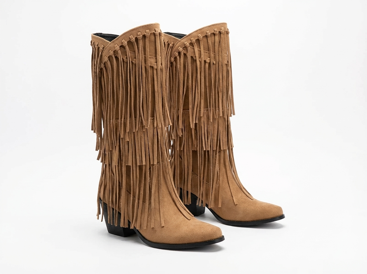 Santiag mi-haute camel Daim Synthétique Femme - Franges longues
