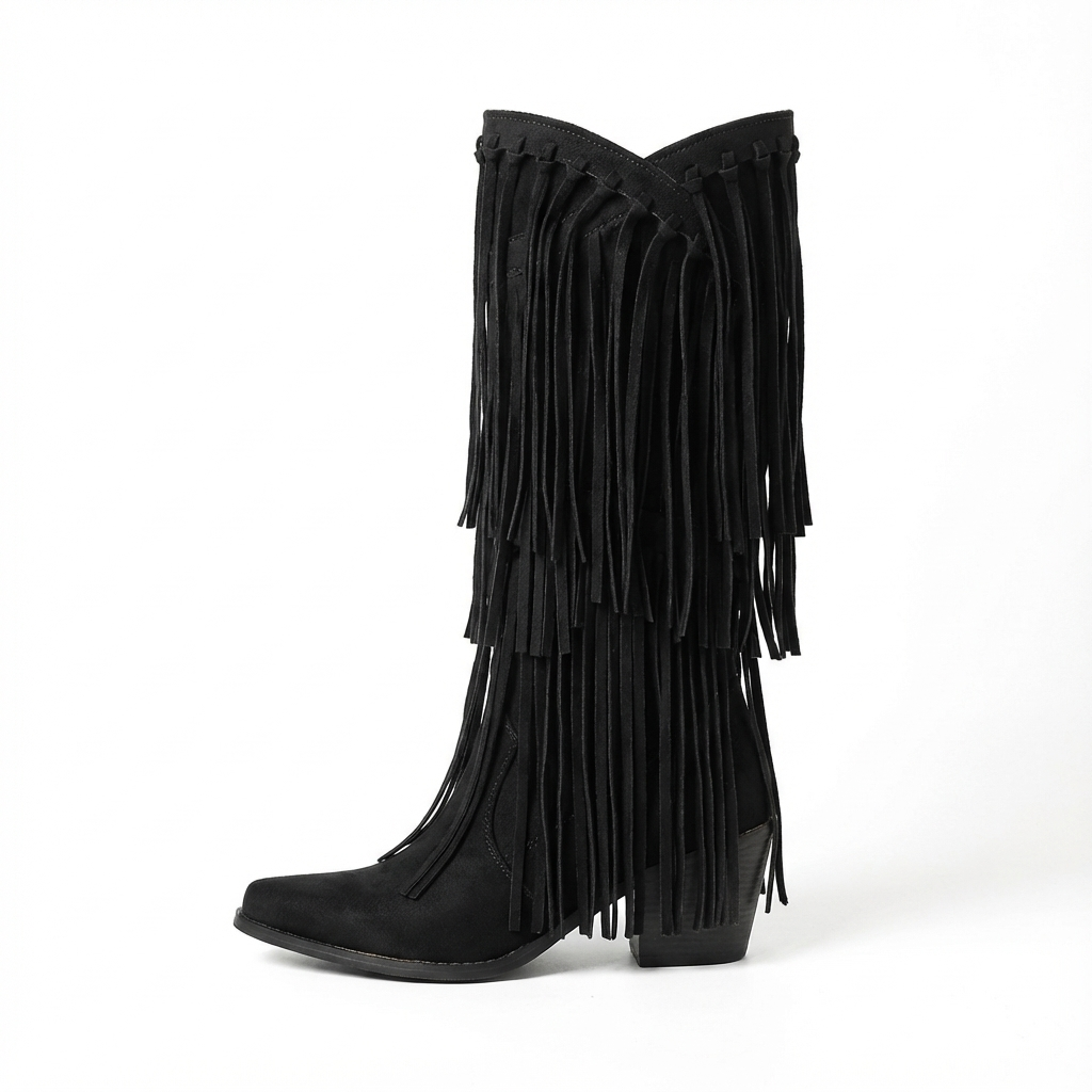 Santiag mi-haute noir Simili Cuir Femme - Franges longues, style bohème