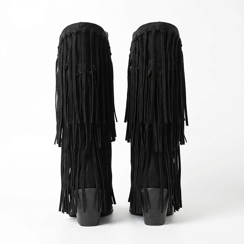 Santiag mi-haute noir Simili Cuir Femme - Franges longues, style bohème