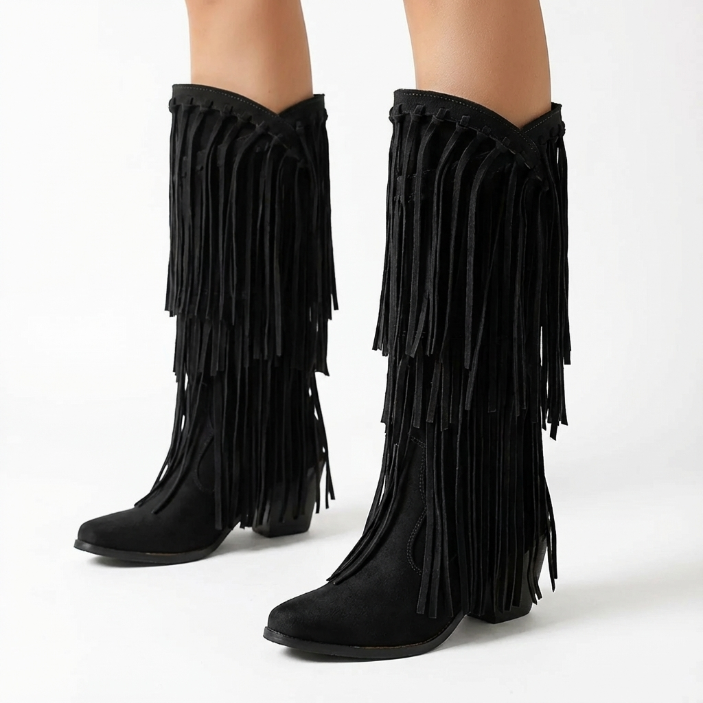 Santiag mi-haute noir Simili Cuir Femme - Franges longues, style bohème