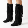 Santiag mi-haute noir Simili Cuir Femme - Franges longues, style bohème