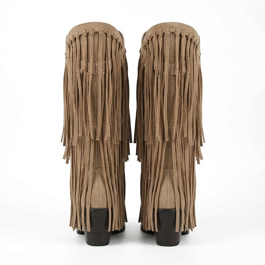 Santiag haute marron clair Daim Synthétique Femme - Franges longues