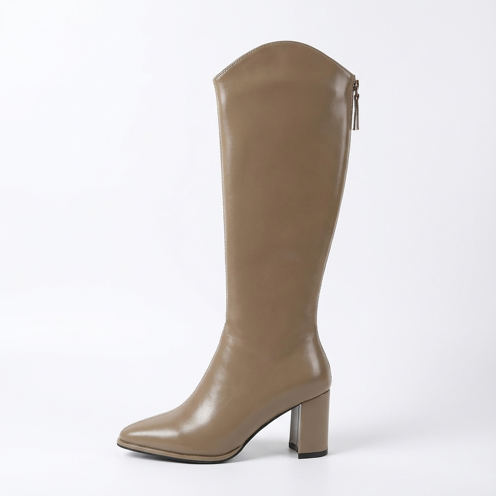 Botte haute beige Simili Cuir Femme - Talon bloc, découpe western