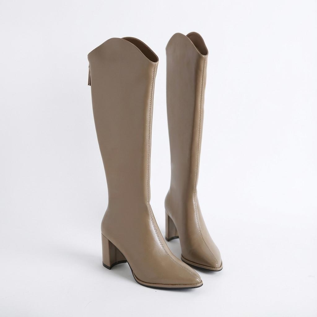 Botte haute beige Simili Cuir Femme - Talon bloc, découpe western