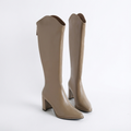 Botte haute beige Simili Cuir Femme - Talon bloc, découpe western