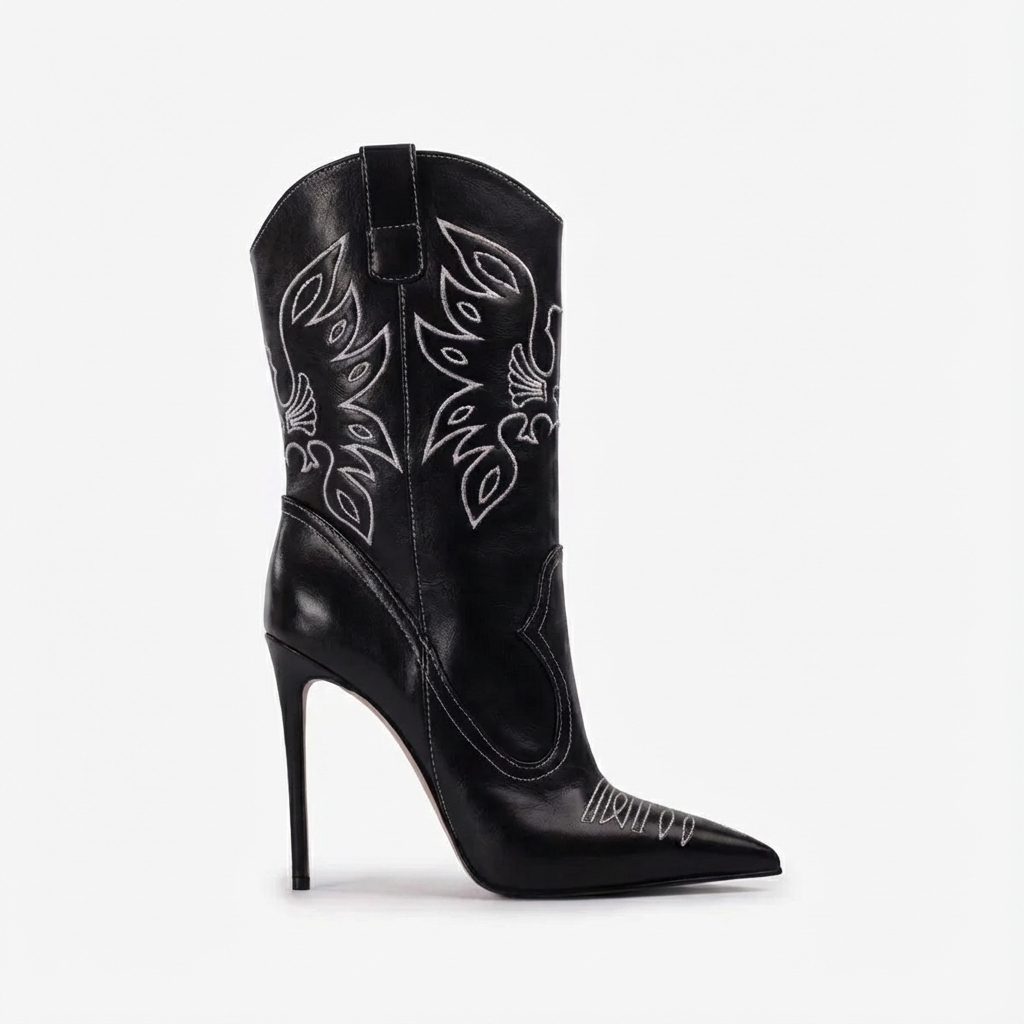 Santiag haute noir Synthétique Femme - Broderies, talon aiguille