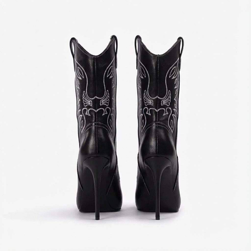 Santiag haute noir Synthétique Femme - Broderies, talon aiguille