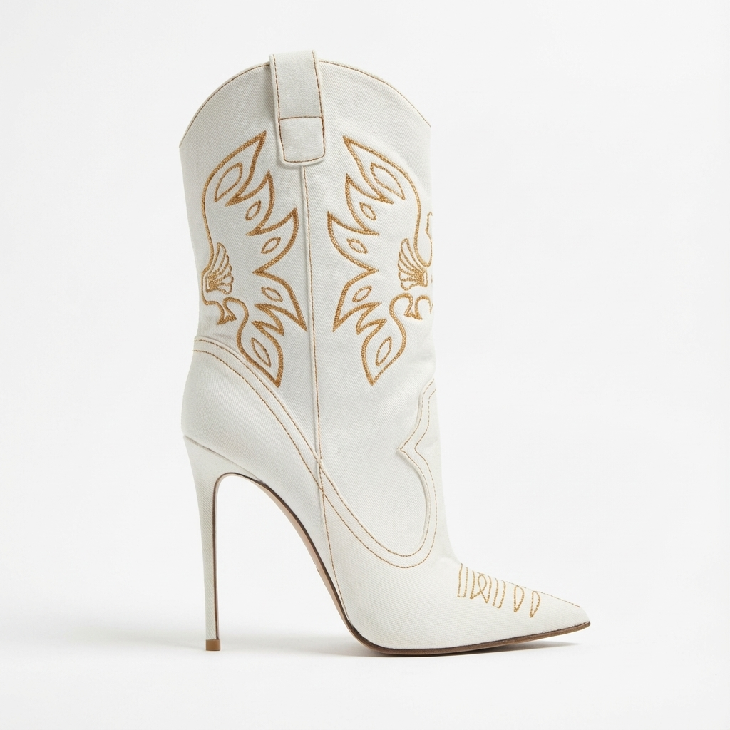 Santiag haute blanc Synthétique Femme - Talon aiguille, broderies dorées