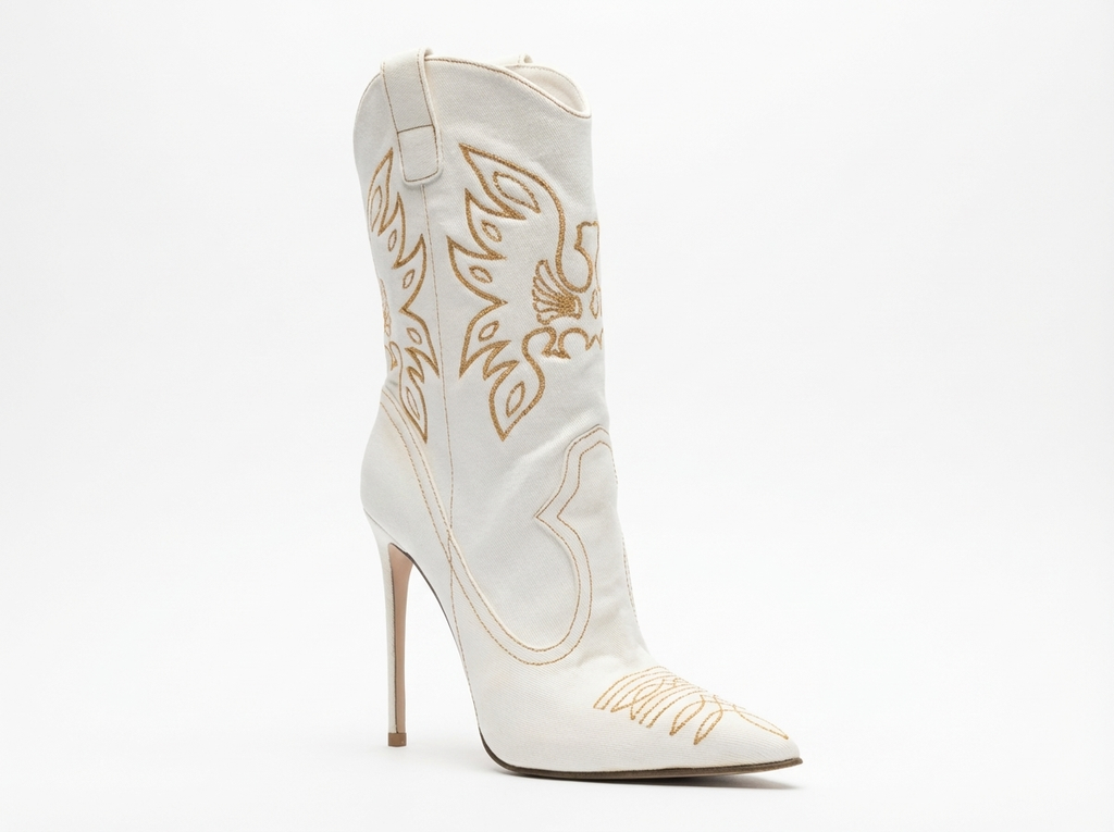 Santiag haute blanc Synthétique Femme - Talon aiguille, broderies dorées